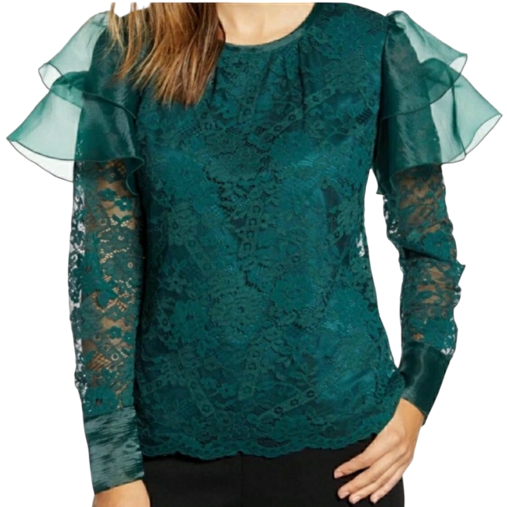 RACHEL PARCELL JEWEL NECK EMERALD GREEN FLUTTER WING SATIN LK CUFF TOP L…